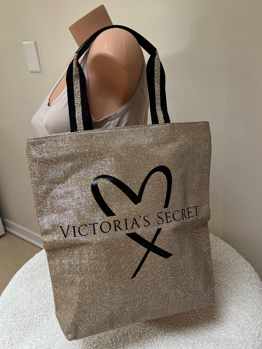 Victoria's Secret 2017 Fashion Show Bling Gold Tote Bag with Black Heart VS Logo